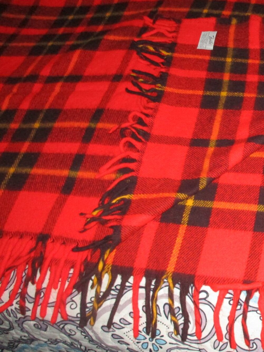 Vintage Red Plaid Wool Blanket 56" x 53" w 2 Fringe Faribault USA Made Throw Lap